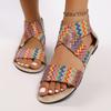 Fashion Summer Women Plus Size Ethnic Style One Word Wide Strip Multicolor Woven Strap Back Zip Anti-Slip Beach Sandals