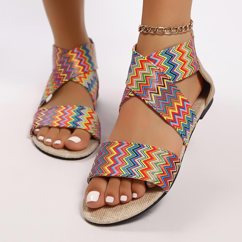 Fashion Summer Women Plus Size Ethnic Style One Word Wide Strip Multicolor Woven Strap Back Zip Anti-Slip Beach Sandals
