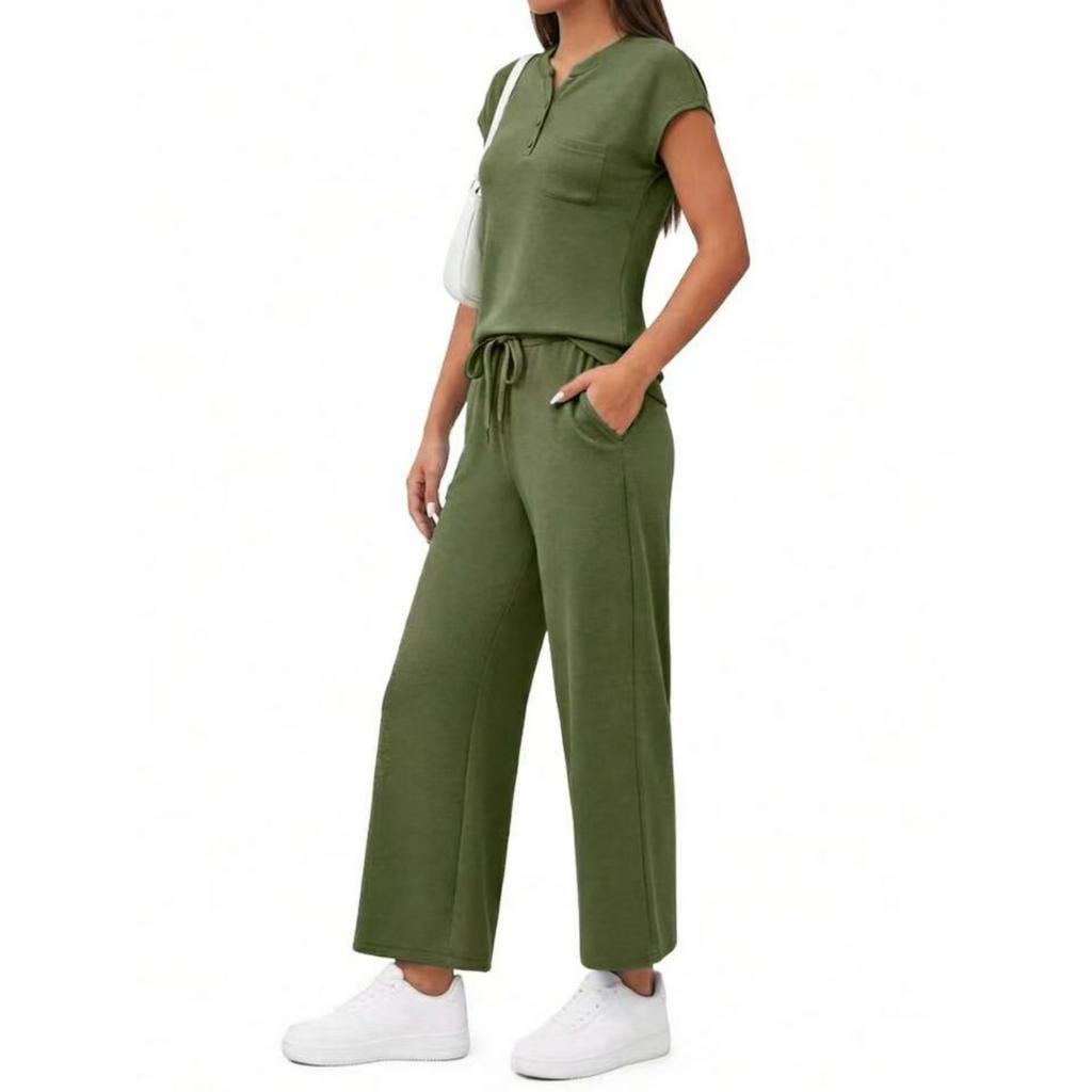 Fashion Women's Spring And Summer Short Sleeved V-neck Top Loose Wide Leg Pants Set
