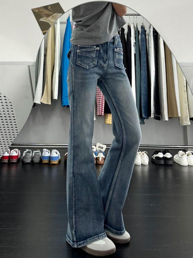 High Waist Retro Blue Micro-Flare Bell Bottom Jeans for Women - Slim Fit Trumpet Pants for Spring and Autumn