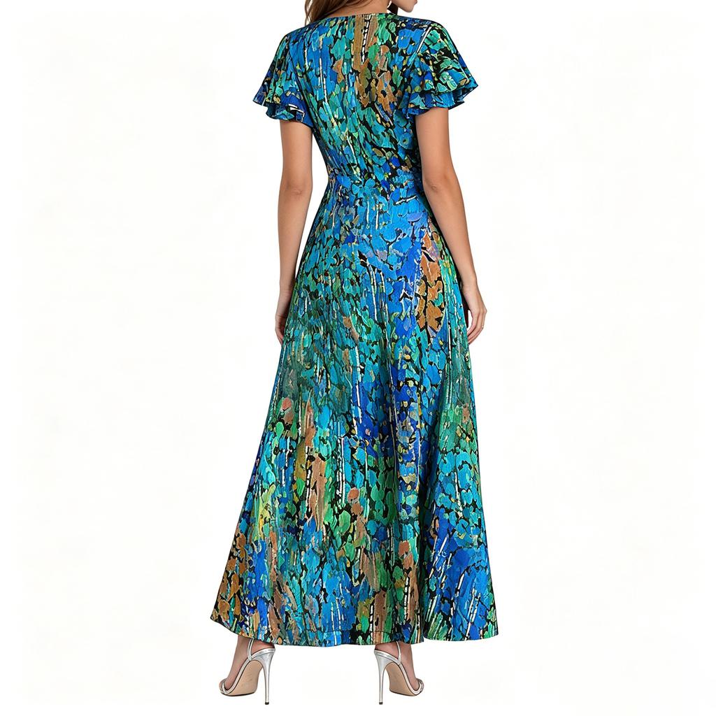 Women's Short Sleeve Maxi Dress Floral Print V Neck Chiffon Long Dress Casual Lightweight Summer Dress for Daily Wear