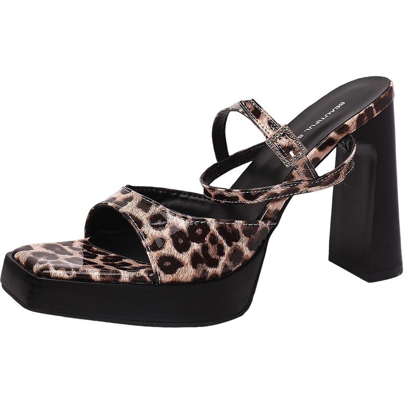Sexy fashion trend Royal sister leopard print thick-soled super high heels square head open-toed temperament catwalk waterproof table sandals
