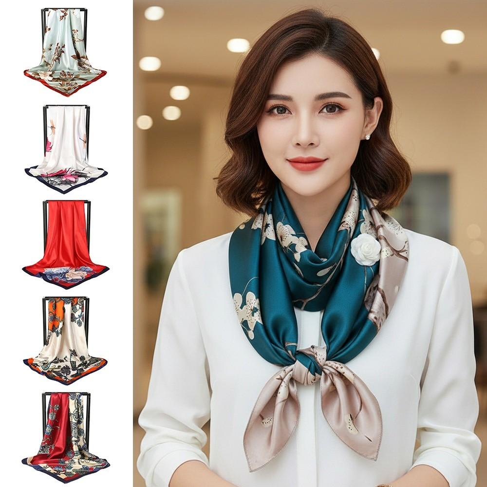 90*90cm Hijab Scarf Floral Pattern Neckerchief Simple Silk Square Scarf