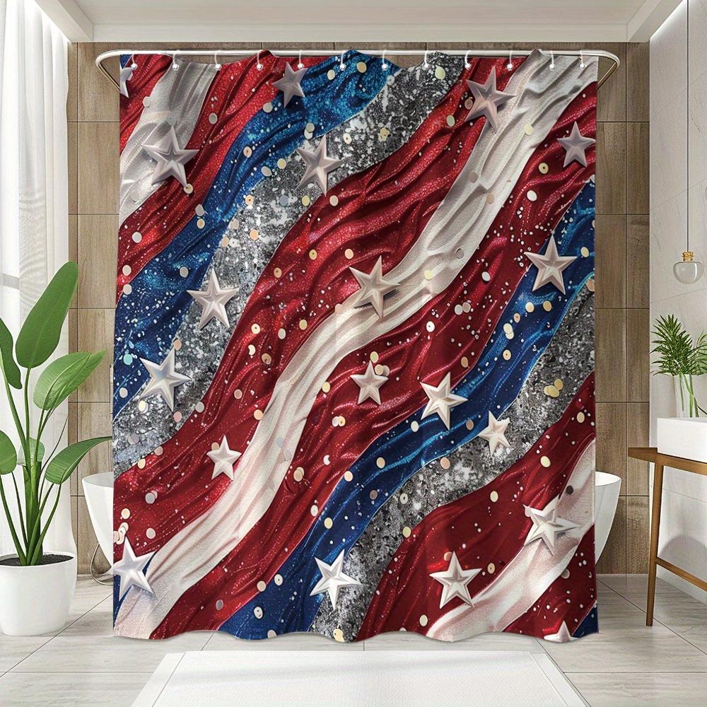 Patriotic American Flag Shower Curtain with Stars and Stripes Design in Red White and Blue Colors for a Bold Bathroom Statement