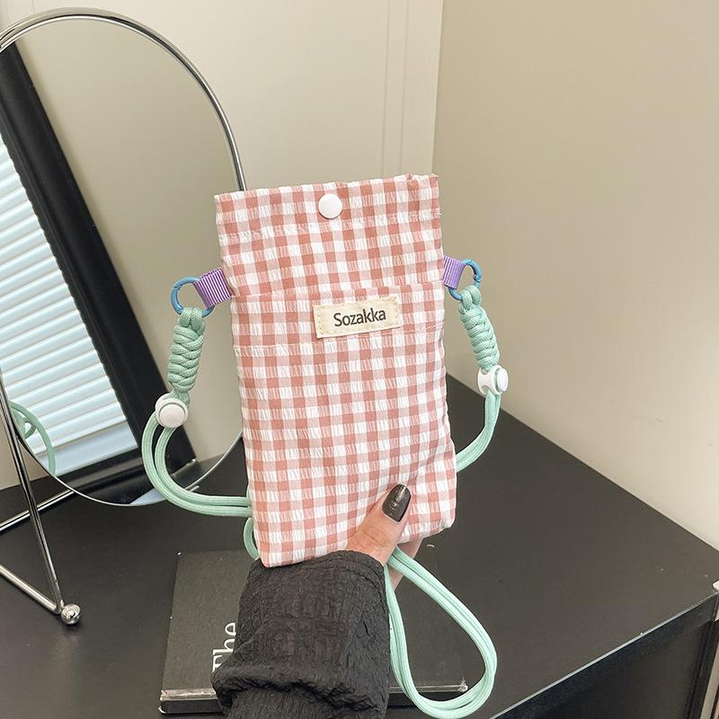 Mobile phone bag summer plaid small bag women's new popular vertical girl canvas crossbody small cloth bag