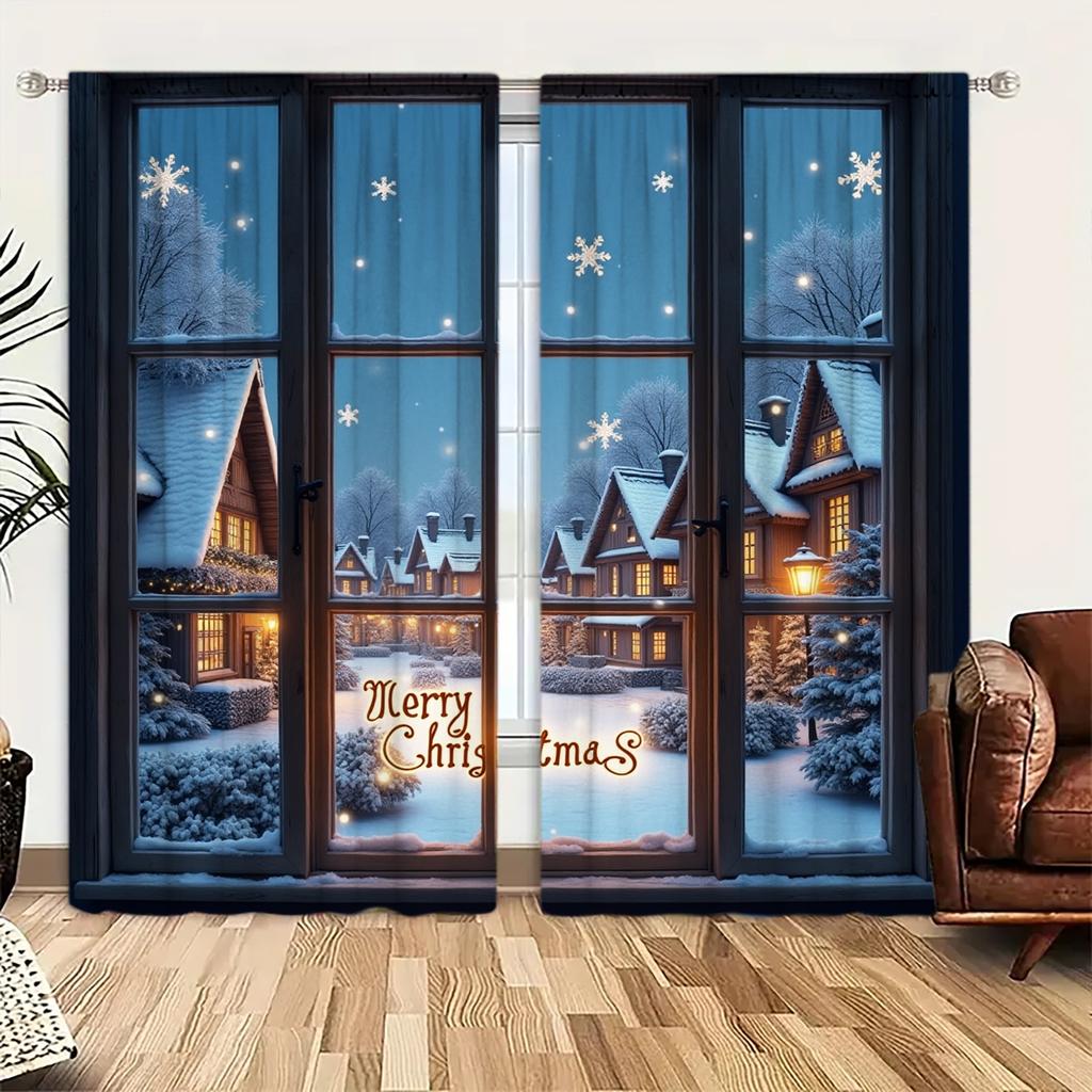 2pcs Winter Night Christmas Printed Curtain for Christmas Home Decor - Rod Pocket Window Treatment for Bedroom Office Kitchen