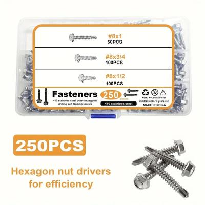 Kit de 250 vis autotaraudeuses en acier inoxydable 410, vis autoperceuses hexagonales pour métal/meubles