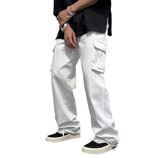 Men Cargo Pants Solid Color Hip-hop Style Loose Pattern Multi Pockets Elastic Waist Men Trousers Daily Clothes