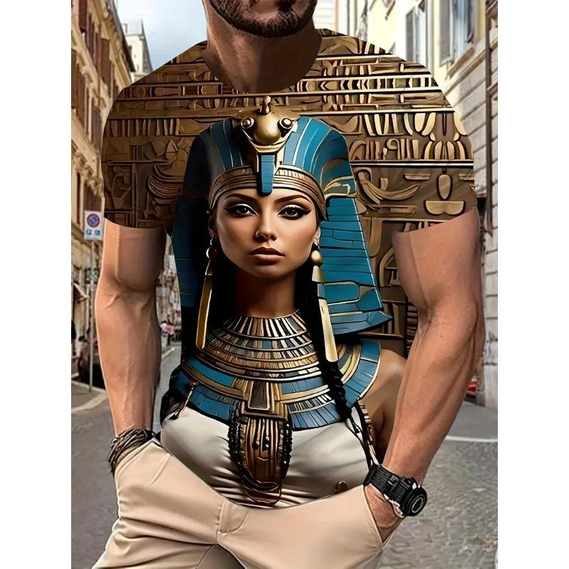 Large Men's Egyptian Pharaoh Mural Pattern 3D Printed Men's Round Neck Short Sleeved T-shirt Summer Fashion T-shirt Casual Comfortable Versatile Top