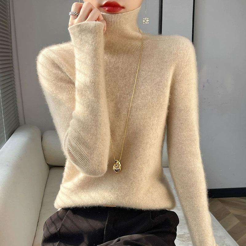 Womens Turtleneck Knitted Sweater Long Sleeved Slim Fit Elastic Ribbed Jumper Female Autumn Winter Basic Sweaters and Pullover