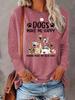 Women's Spring and Summer Casual Slogan Dog Print Round Neck Solid Color Long Sleeved Pullover T-Shirt