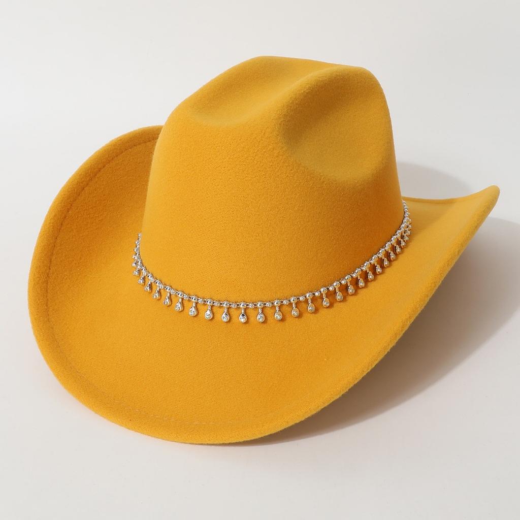 Women's Unisex Western Cowboy Hat with 3D Round Gems, Rhinestones, Rivets, and Chain Decorations, Wedding Party Hat