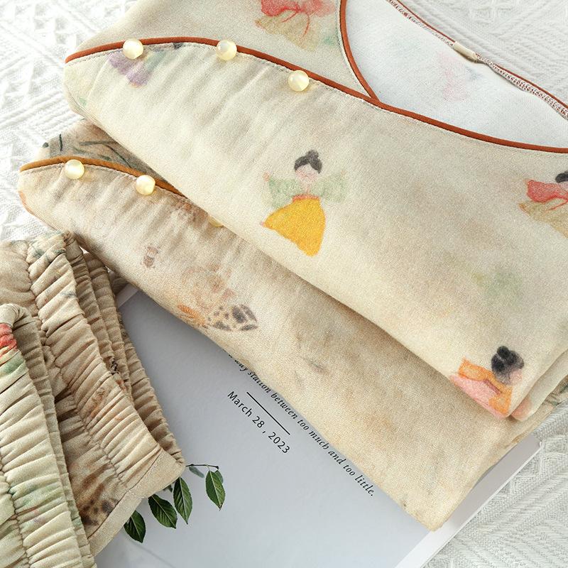 Women's Long-sleeved Chinese National Style Cotton Nightgowns for Women Spring / Summer Thin Bamboo Cotton Double-layer Gauze Nightdress