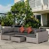 6 Seater Outdoor Rattan Sofa Set with Tempered Glass Coffee Table & Cushions, Deep Grey