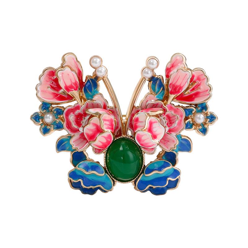 

Chinese style peony brooch painted and dripping oil two-color butterfly brooch design sense pin cheongsam accessories