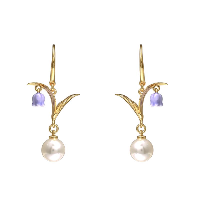 

Enamel Glaze 3D Purple Lily Pearl Tassel Earrings - High-End National Style for Women