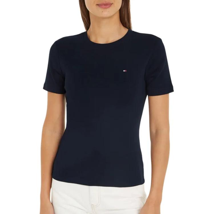Tommy Hilfiger Solid Color Logo Embroidered Round Neck Slim Fit Short Sleeve T-Shirt Women Tops Dark-Blue WW0WW40587-DW5