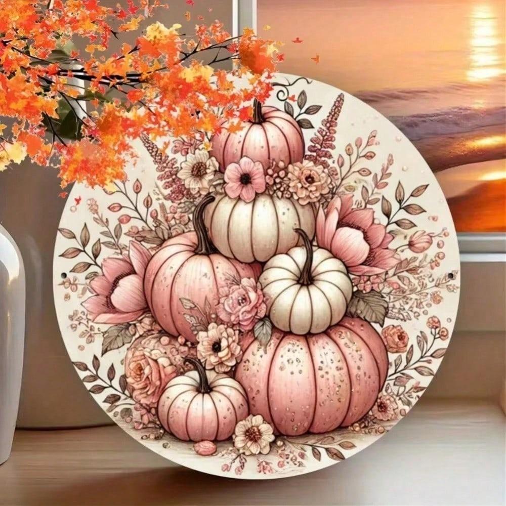 Vintage Metal Pumpkin Sign Round Farmhouse Wall Art Home Garden Decor