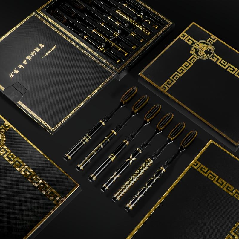 6 Pack Premium Black and Golden Patterned Handle Toothbrushes - Full Head Soft Nylon Bristles for Gentle Cleaning, Unscented Manual Toothbrush Set