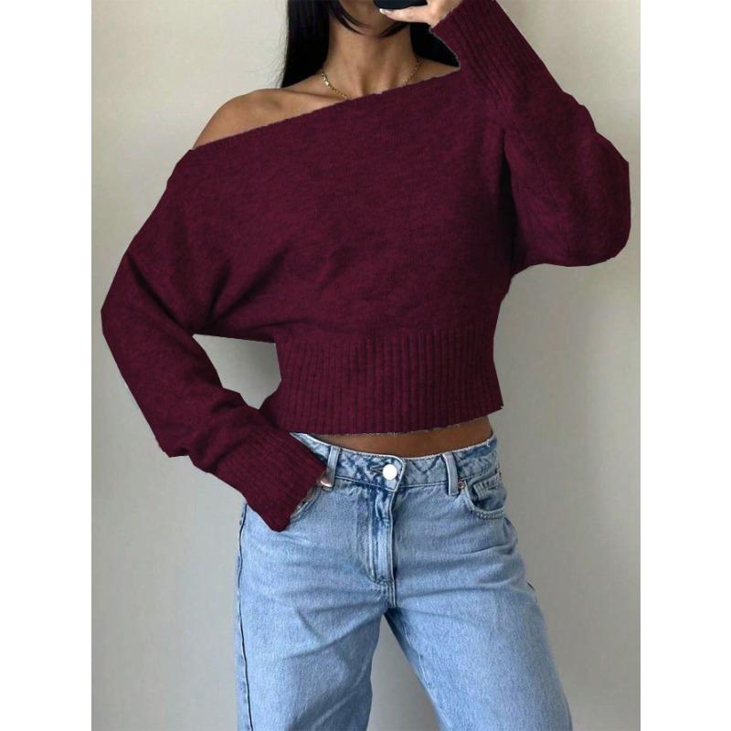 Women Loose Off Shoulder Long Sleeve Knit Cropped Sweater
