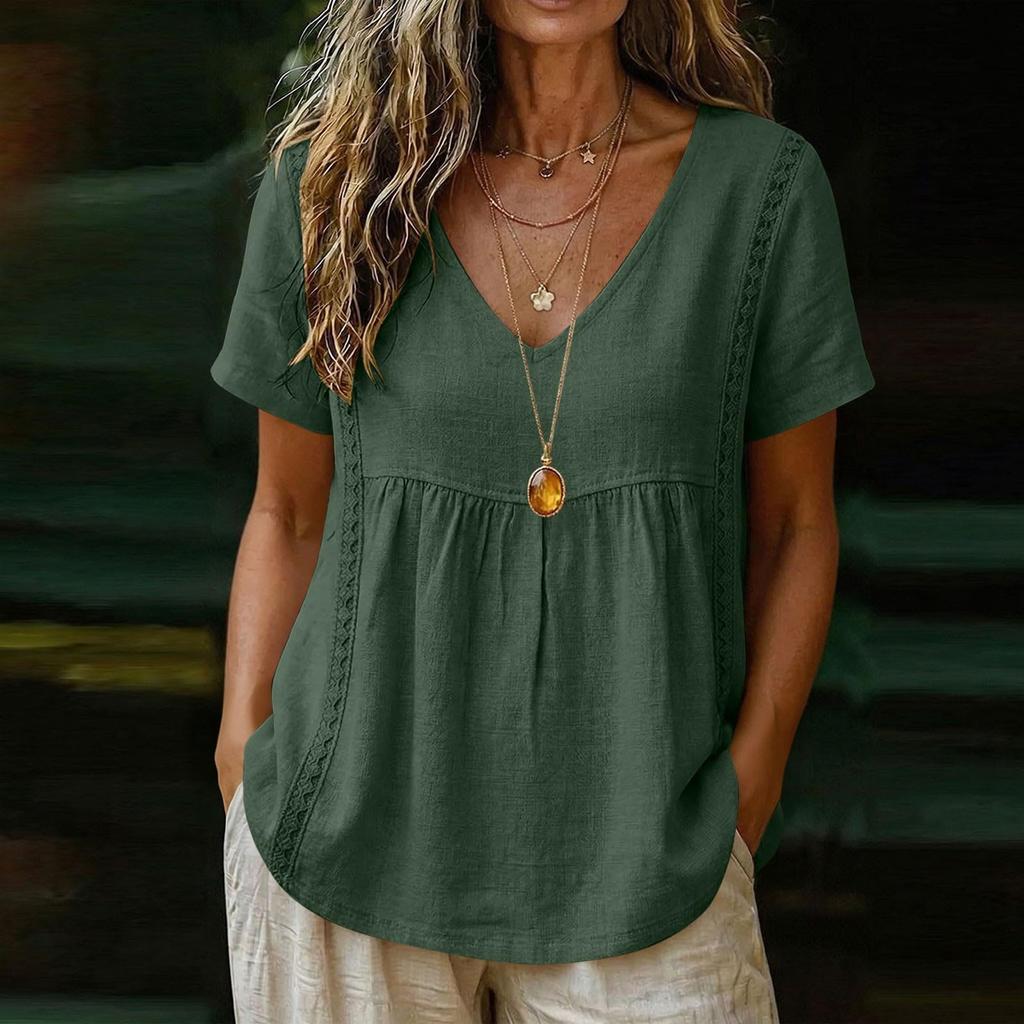 Women Embroidered Short Sleeve V Neck Relaxed Fit Pleated Pullover Blouse Summer Casual Loose Top for Daily Wear