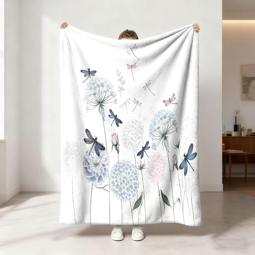1Pc Dragonfly Dandelion Printed Flannel Blanket Multi Size Casual Comfortable Cover Carpet Machine Washable