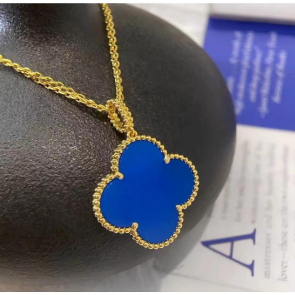 

60/90 см длинное модное высококлассное ожерелье с четырьмя листочками клевера, одностороннее ожерелье с одной подвеской, двухстороннее женское ожерелье 24K-90cm королевский синий