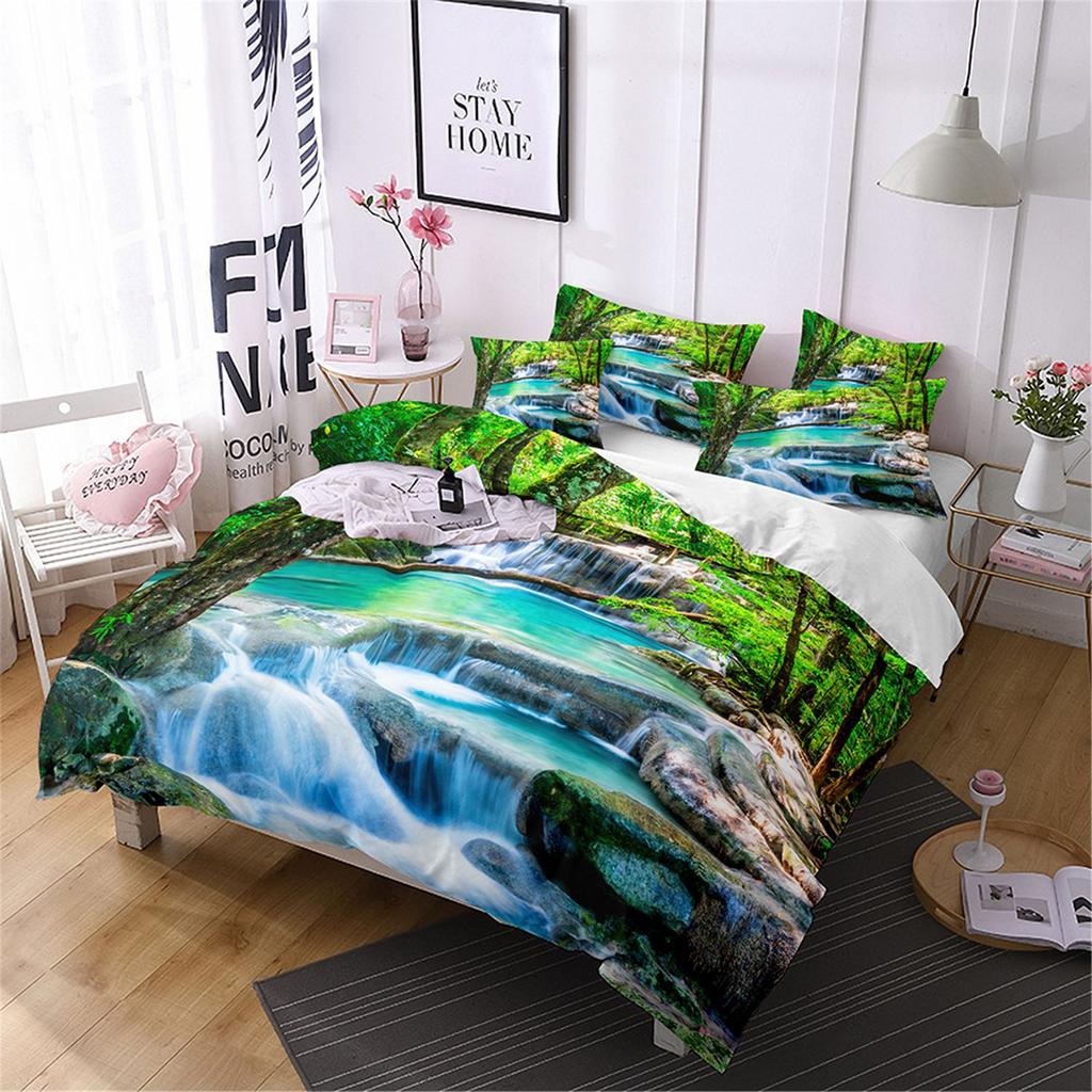 Three-Piece Beautiful Landscape 3D Bedding Stream Waterfall Printing Quilt Cover Home Textile Batch