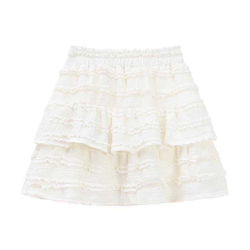 Women's White Lace Puffy Mini Skirt - High-Waisted A-Line Ballet Style, Summer 2026 Collection.