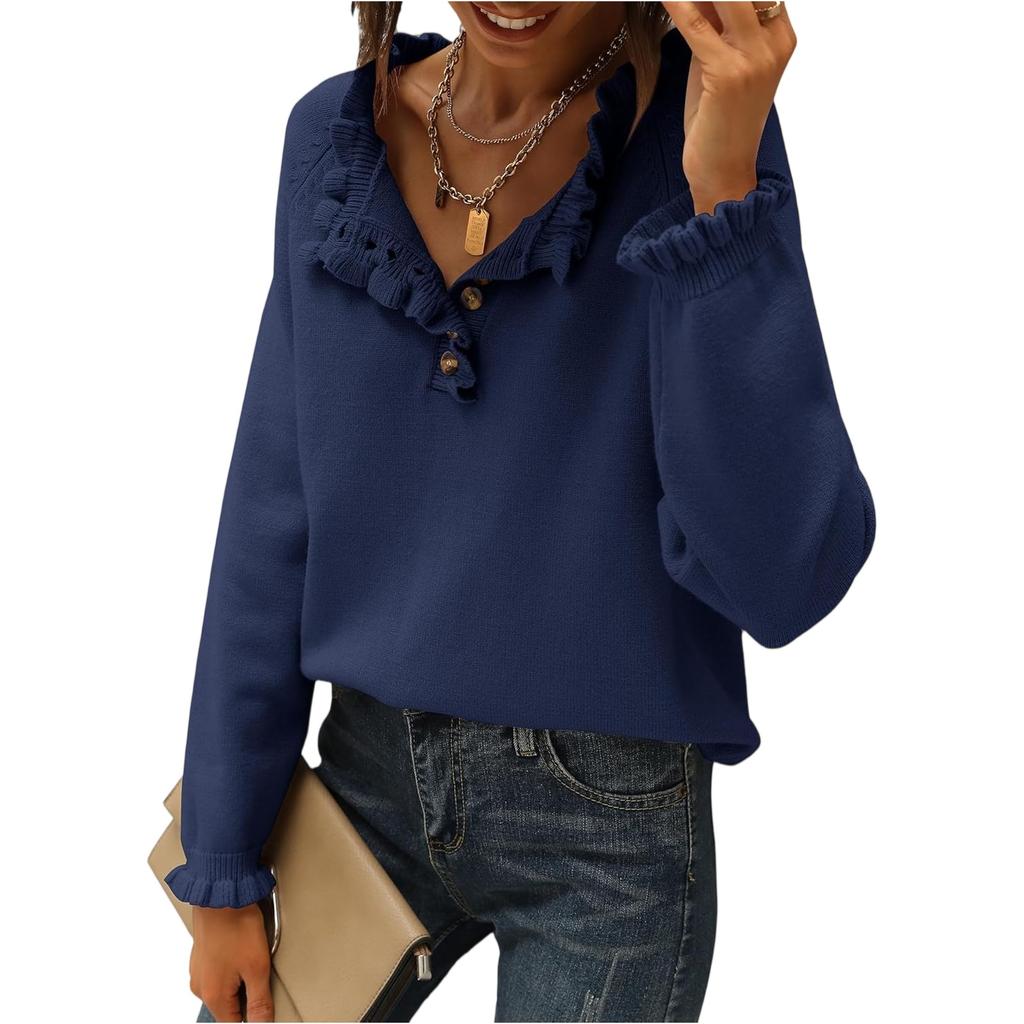 Damenmode Strick Casual Langarm Knopfleiste Rüschen Pullover