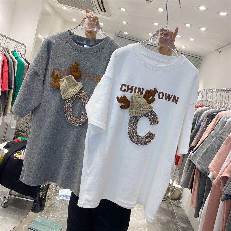 Spring and Autumn Large Size Diamond Hat Fashionable All-Match Pullover Loose Short Sleeve Fur T-Shirt Women