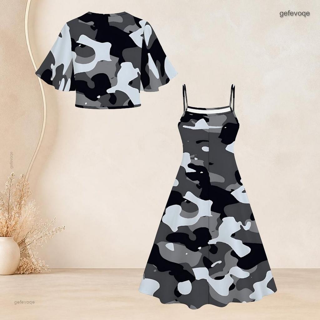 Women Plus Size Two Piece Dress Set Batwing Sleeve Cropped Shrug Strappy Floral Printed Black Flared Dress