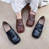 Johnature Genuine Leather Women Pumps Retro Square Toe Soft Sole Comfortable Shallow Slip-on Low Heel Shoes