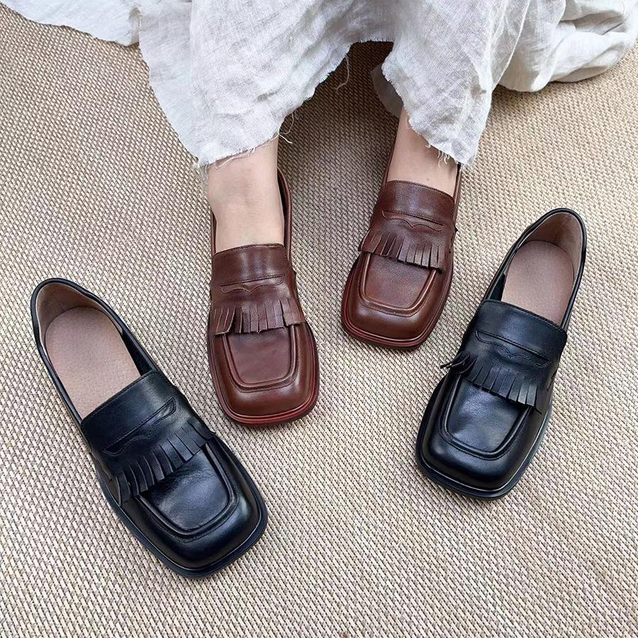 Johnature Genuine Leather Women Pumps Retro Square Toe Soft Sole Comfortable Shallow Slip-on Low Heel Shoes