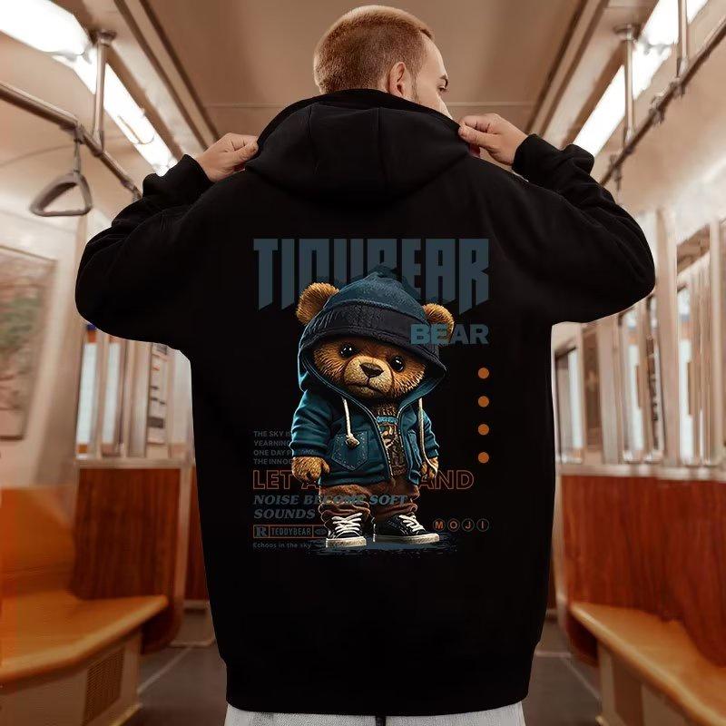 

M-8XL American Style Street Cool Brown Bear Print Oversized Hoodie Loose Hoodie Student s Large Soft Velvet Hooded Sweater 3XL