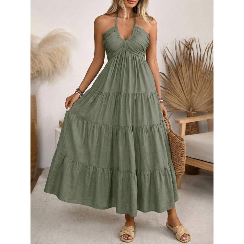 2026 Summer Hanging NeckPleated Elasticity Dress Loose Vacation Style A-line Dress Fashion Backless Slim Fit Sweet Dress Solid Color Clothing
