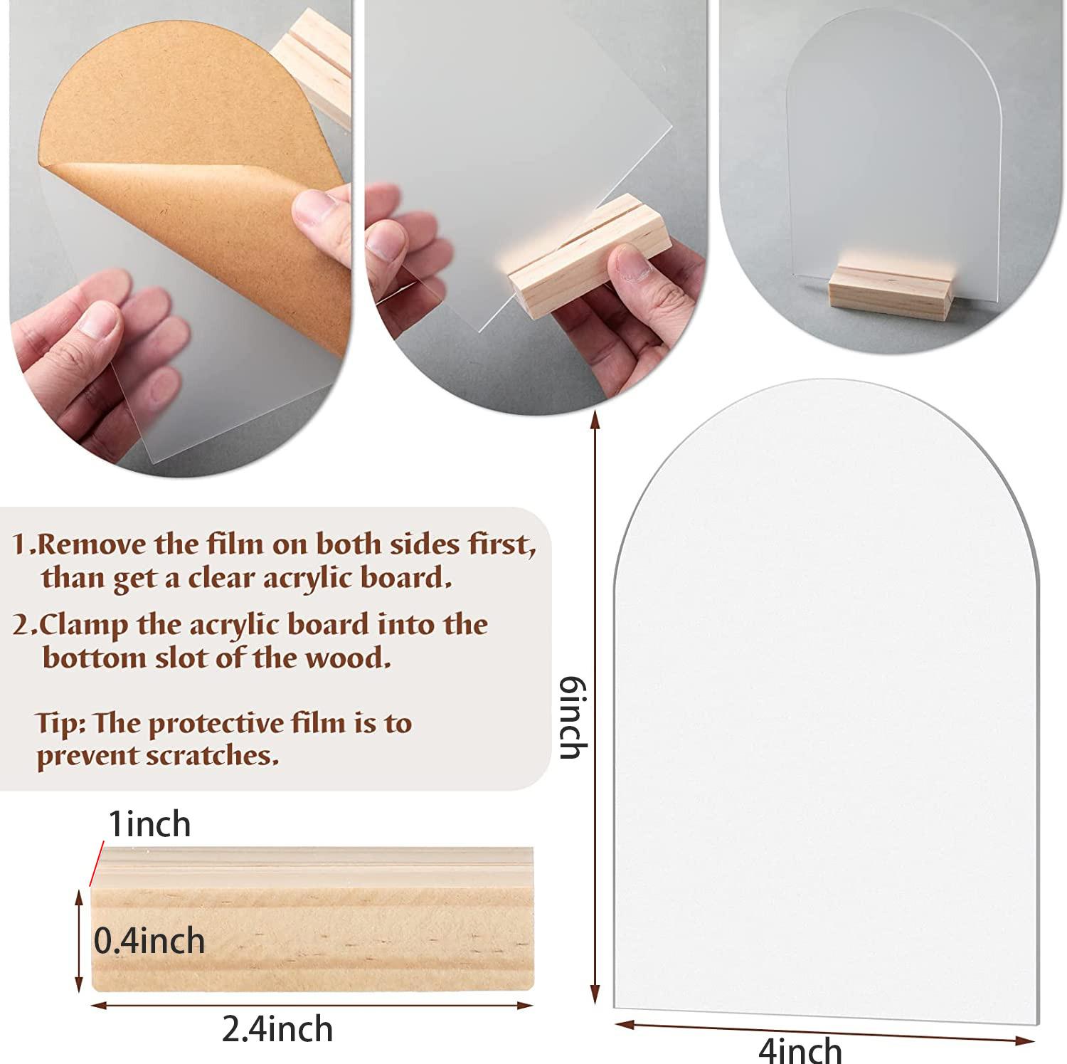 

Frosted Blank Acrylic Sheet with Wood Stand Holder Arched Sign Table Number Card w/ Base for Wedding Party Centerpieces Decor 5PCS