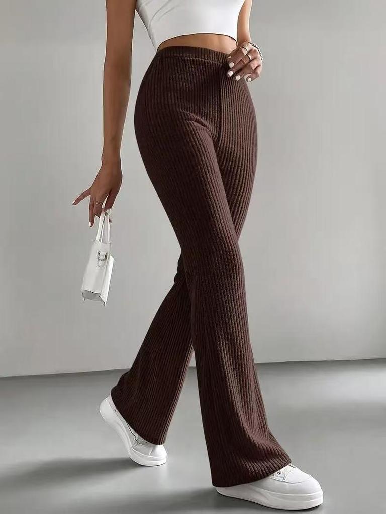 2025 Women's Solid Color Ribbed Knit Bell-Bottom Pants - All-Match, Slim Fit Casual Trousers for Spring and Autumn