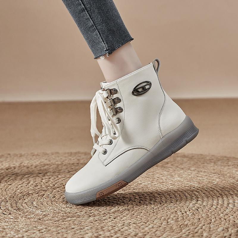 High-top shoes women's 2025 new autumn and winter velvet Martin boots leather spring and autumn shoes beef tendon soles short boots casual women's