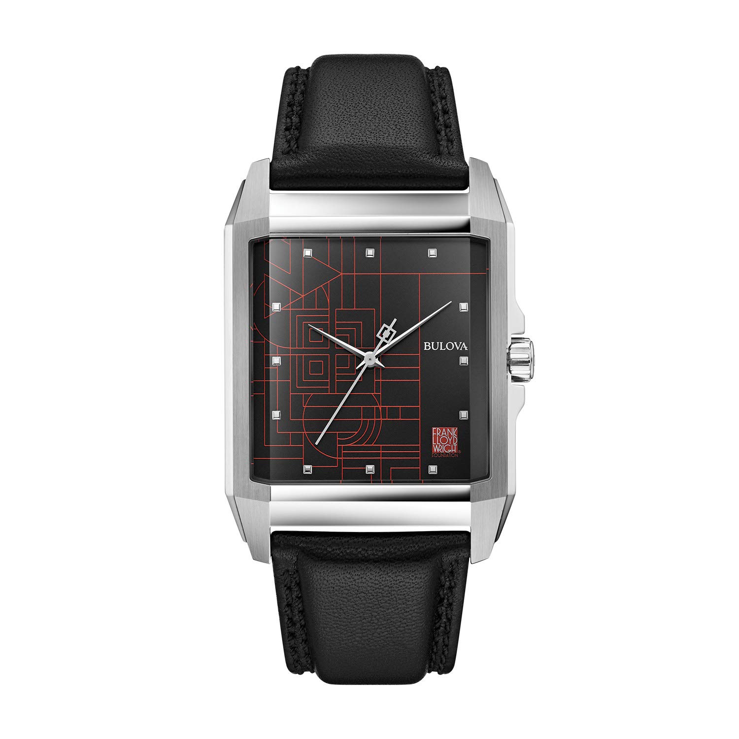 

Bulova Frank Lloyd Wright December Gifts Stainless Steel 3-Hand Quartz Dial, Black Leather Strap Style: 96A223