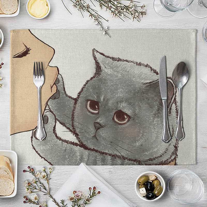 Cartoon Cat Placemat Cotton Linen Table Mat Kawaii Cats Animal Pattern Place Mats For Children Kids Kitchen Dinning Coaster Pad