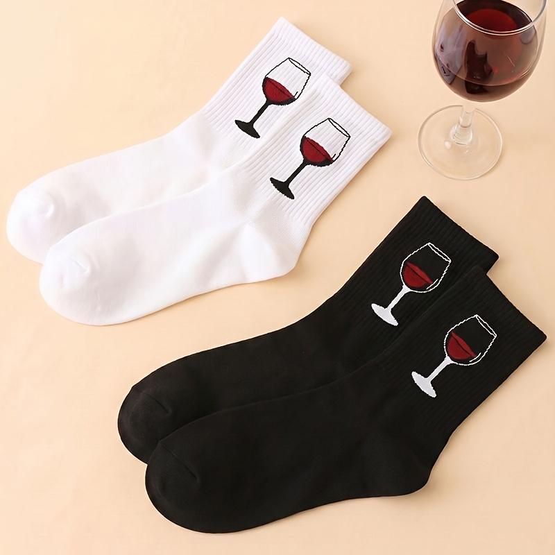 2Pairs Unisex Wine Glass Pattern Crew Socks Soft Breathable Black White Cotton Short Socks Daily Couple Gift 2pairs