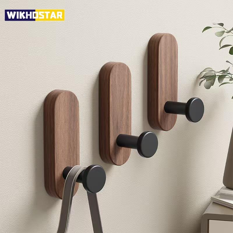 Self Adhesive Mounted Walnut Wood Wall Hooks for Hanging Coat Towel Clothes Blanket Hat Backpack Robe Entryway Key Holder