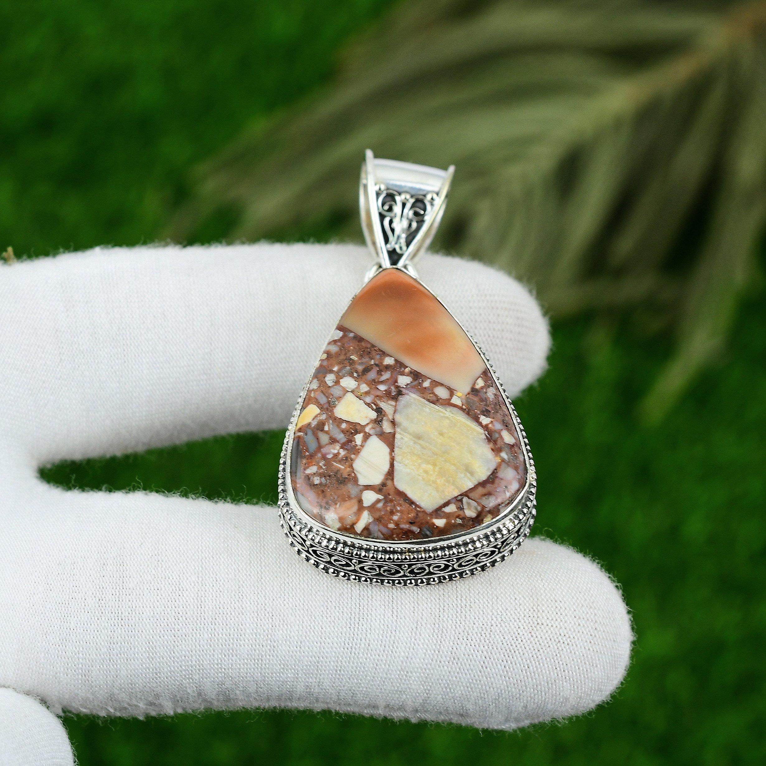 

Pear Red Brecciated Mookaite Stone 925 Sterling Silver Vintage Pendant Jewelry