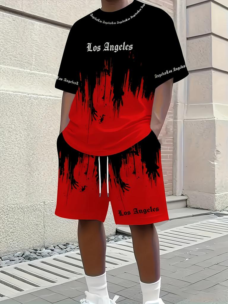Men 2Pcs Los Angeles Letter Print T-shirt Shorts Set Summer Casual Outfit