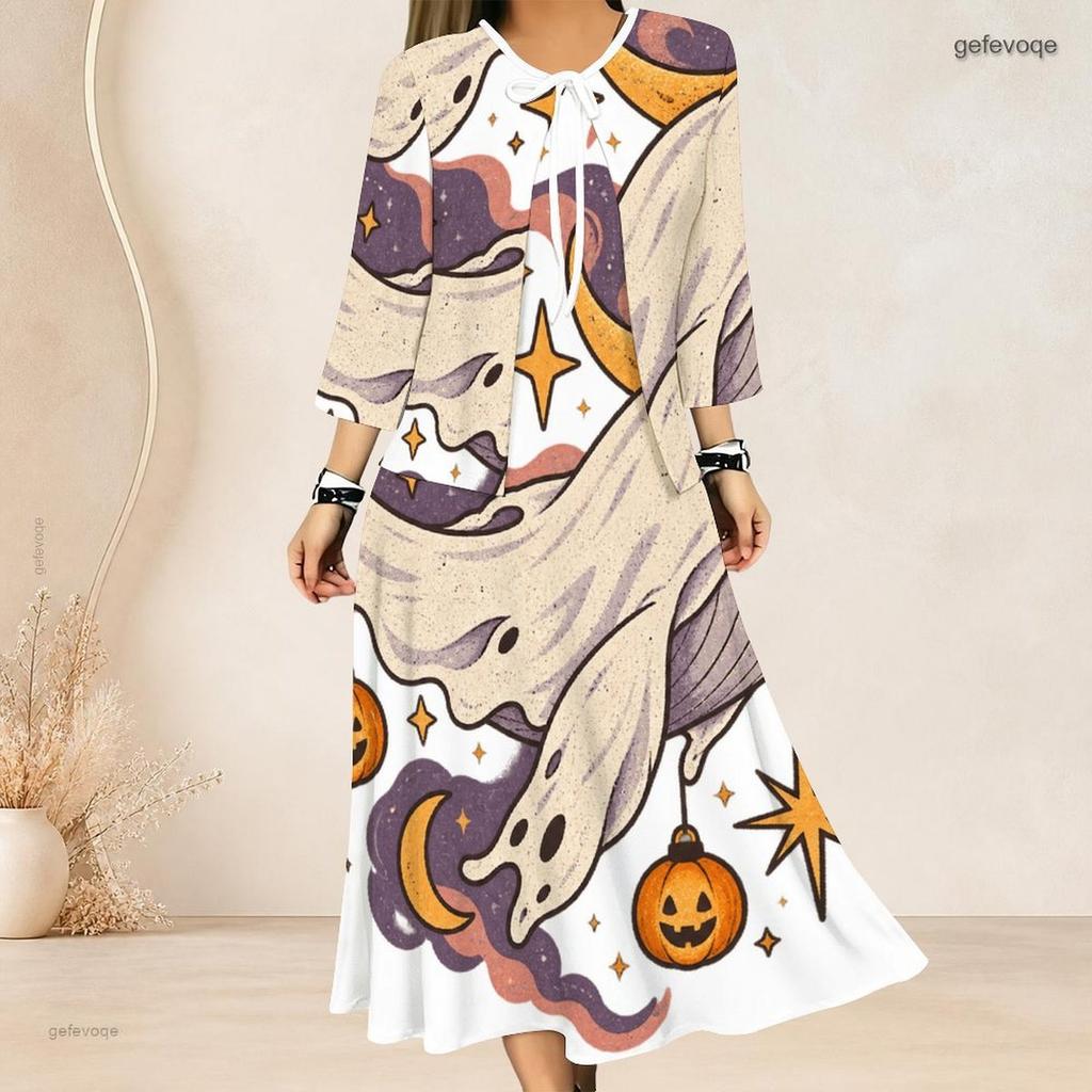 Women Plus Size Two Piece Dress Set Tie Neck Three Quarter Sleeve Cardigan Sleeveless Long Dress Halloween Ghost Pumpkin Printed White