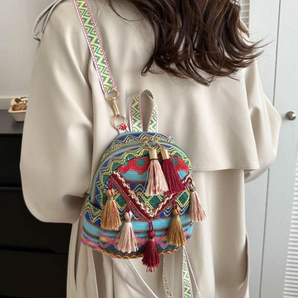 Stripe Ethnic Style Tassel Backpack Embroidery Chinese Style Handbag Outdoor