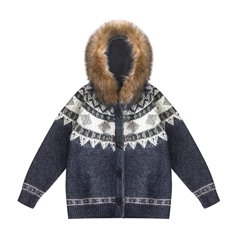 Women s Detachable Fur Collar Fair Isle Cardigan - Autumn Winter Knitwear Small темно-серого