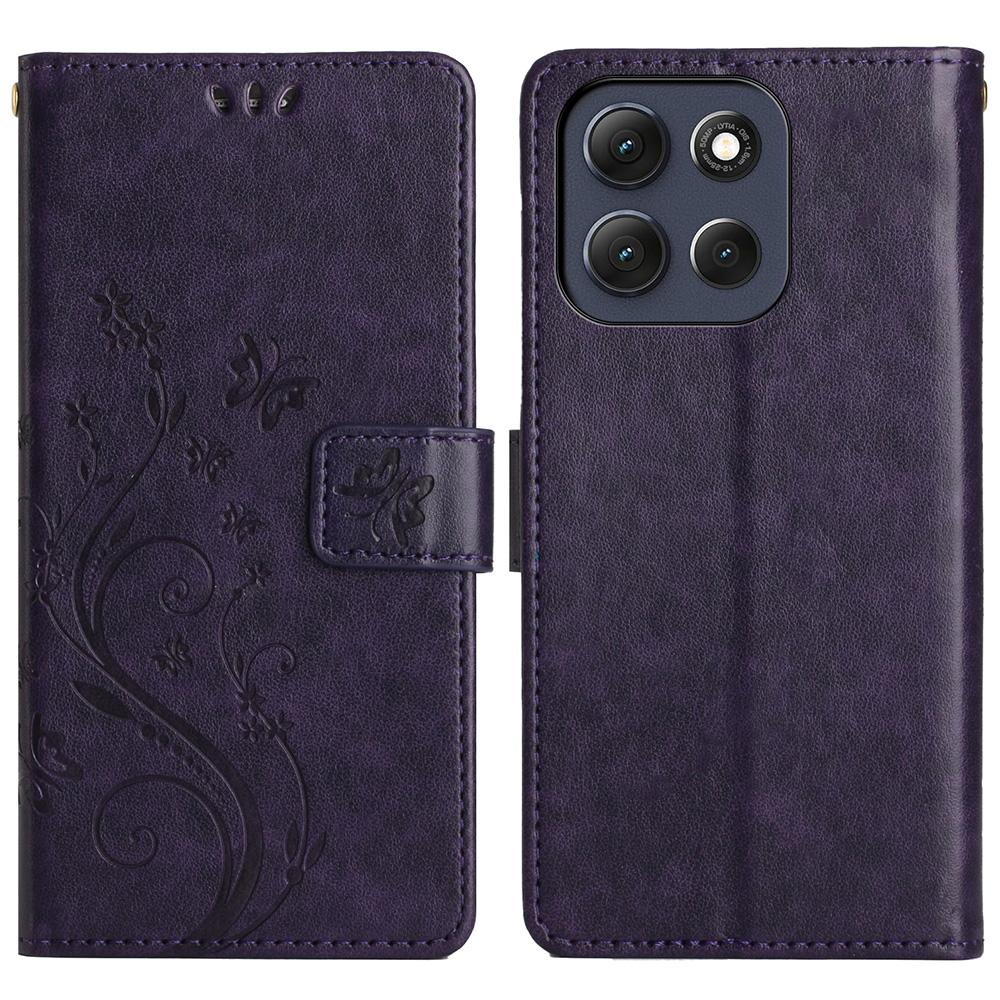 For Motorola Moto G56 5G Leather Wallet Case Butterfly Flower Imprint Phone Cover with Strap