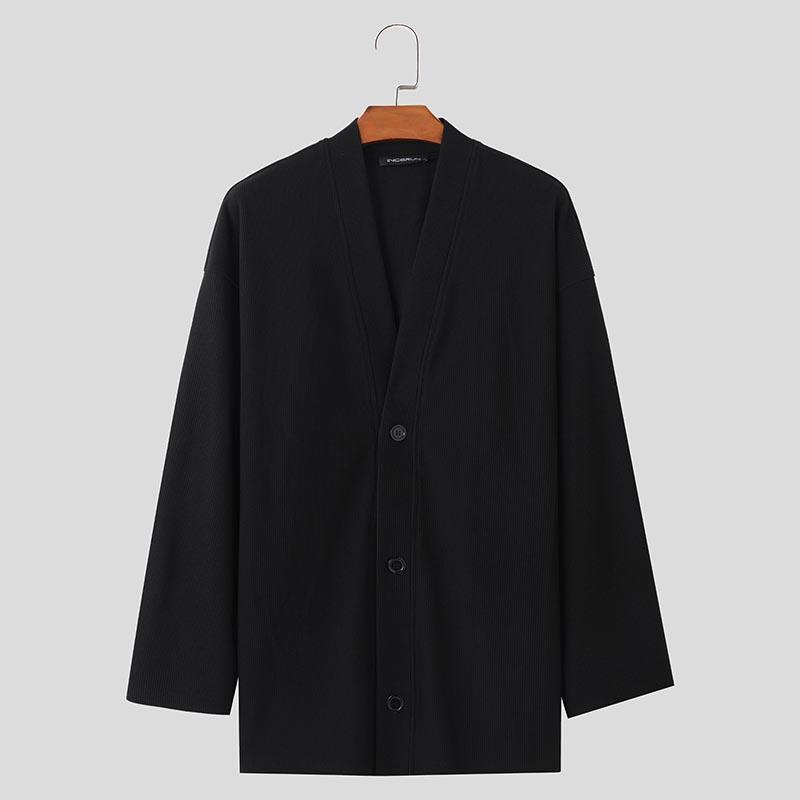 INCERUN Осенний мужской трикотажный свободный кардиган с V-образным вырезом и длинным рукавом на пуговицах S чёрный 2246₽